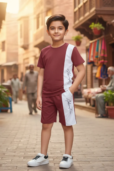 Kids Print T-Shirt & Shorts Set Maroon White Panel