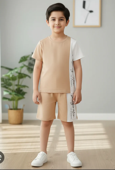 Kids Print T-Shirt & Shorts Set Brown White Penal