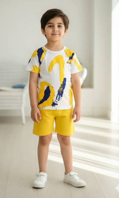 Kids Yellow Print T-Shirt & Shorts Set