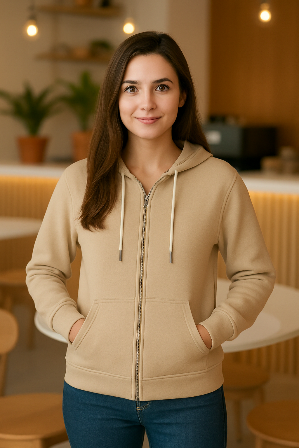 Beige Classic Hoodie For Women
