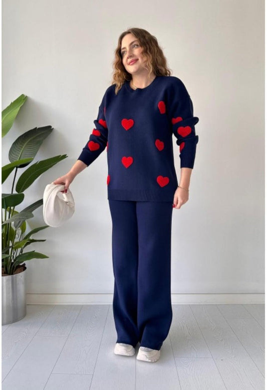 Navy Blue with Red Heart Printed Fleece Co-ords Set