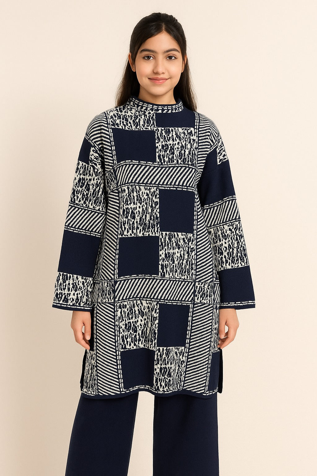 Elegant Navy Printed Winter Kurti