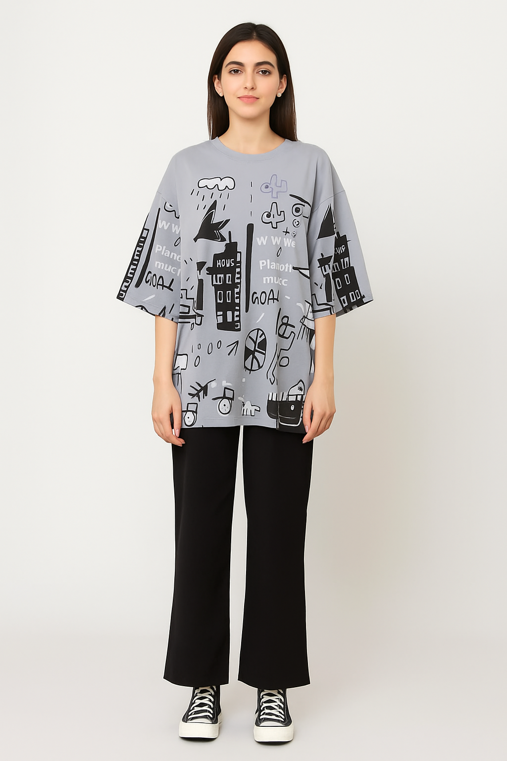 Grey Planet Music With Black Pajama Printed Night Suit