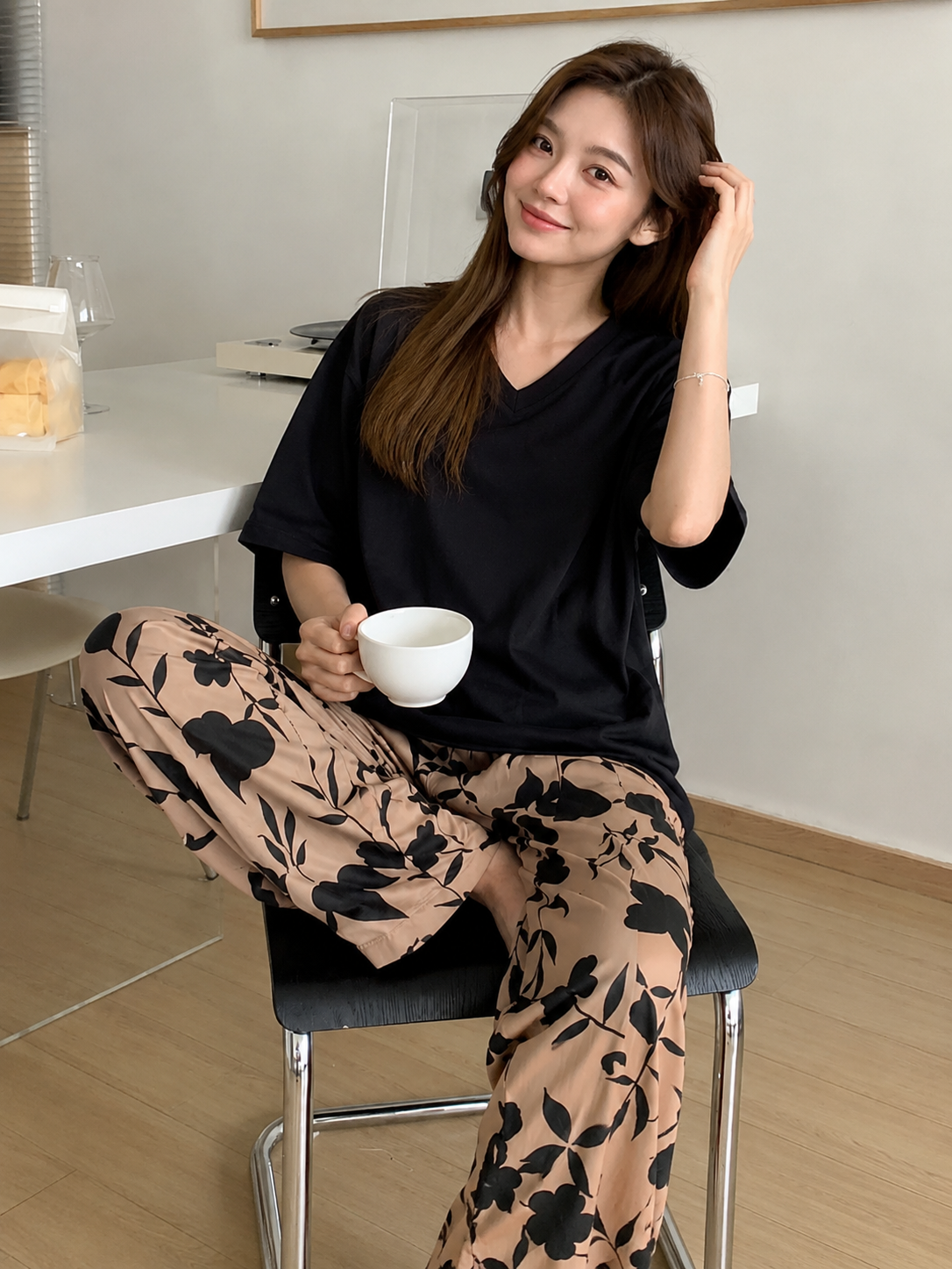 womens autumn winter 2pcs pajama set floral theme