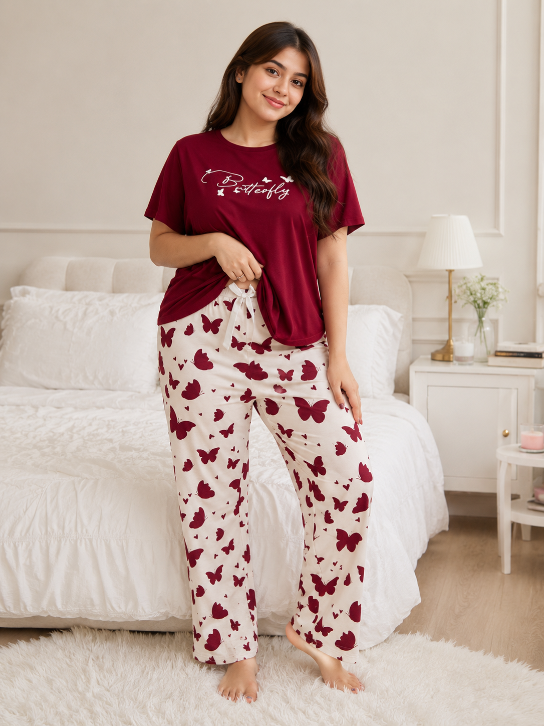Red Butterfly Printed Night Suit