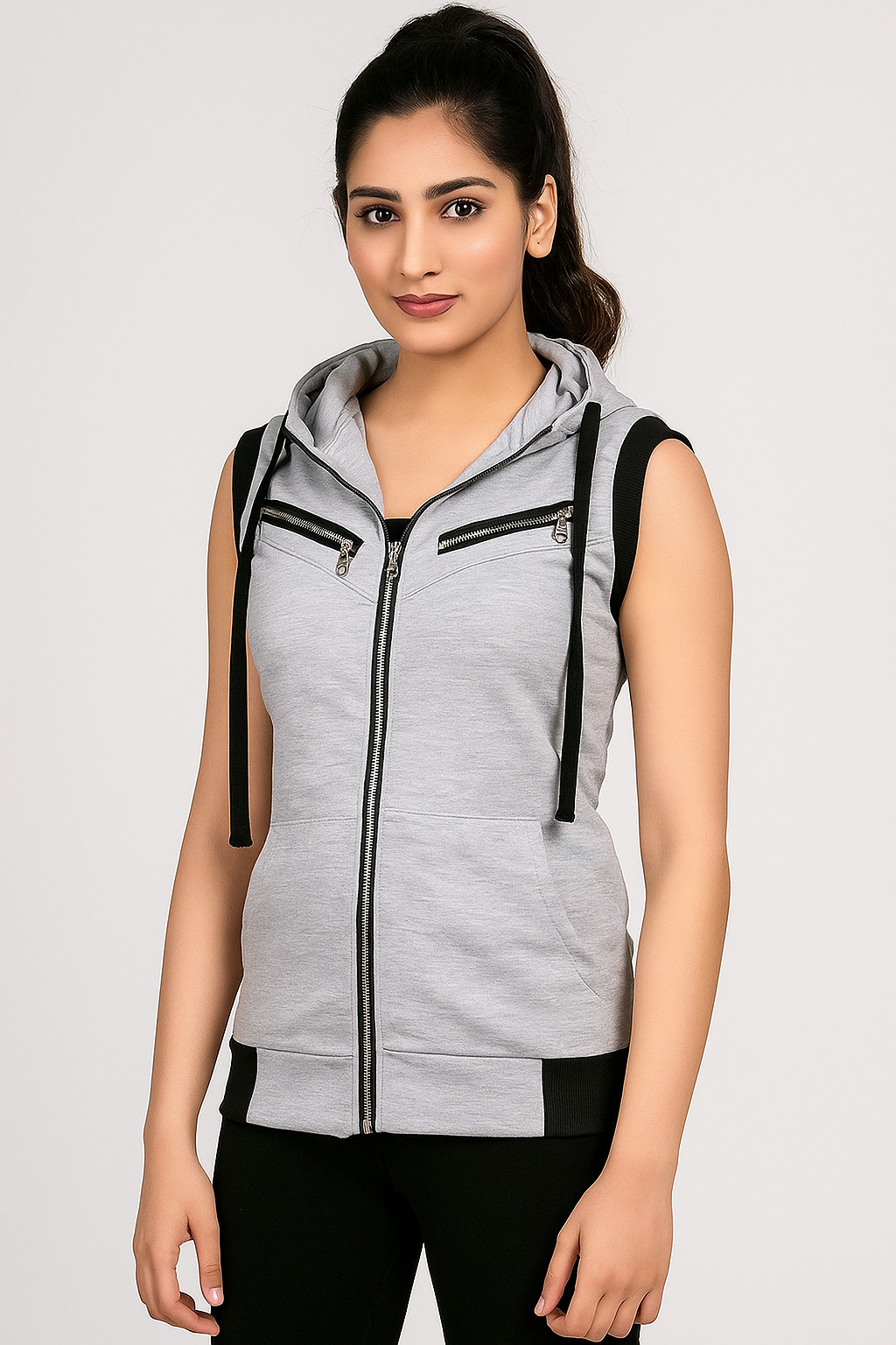 Gray Sleeveless Hooded Zipper For Women (Copy)