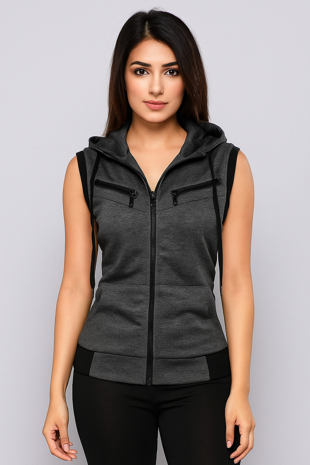Charcole Sleeveless Hooded Zipper For Women