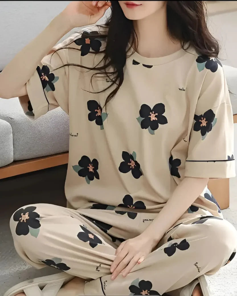 Brown Big flowers Printed PJ Set