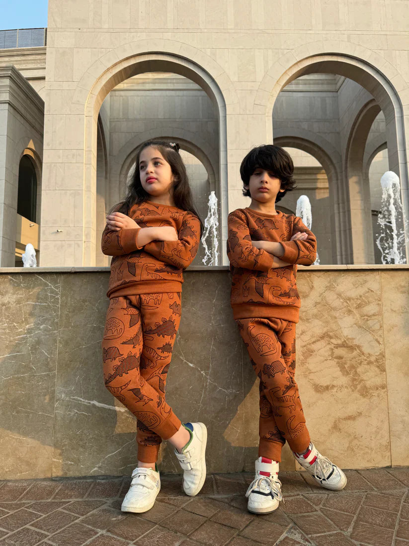 Brown Dinosaur Printed Kids Winter Suit