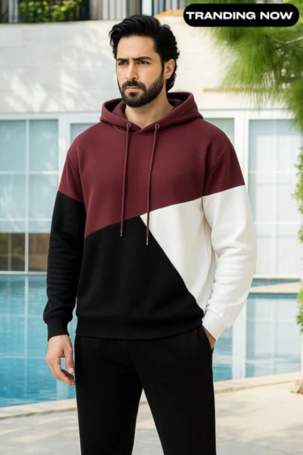 Maroon Black and White Cut and Sew Kangaroo Hoodie