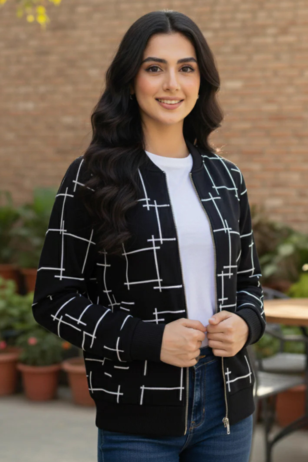 Black Printed Zipper Jacket For Women