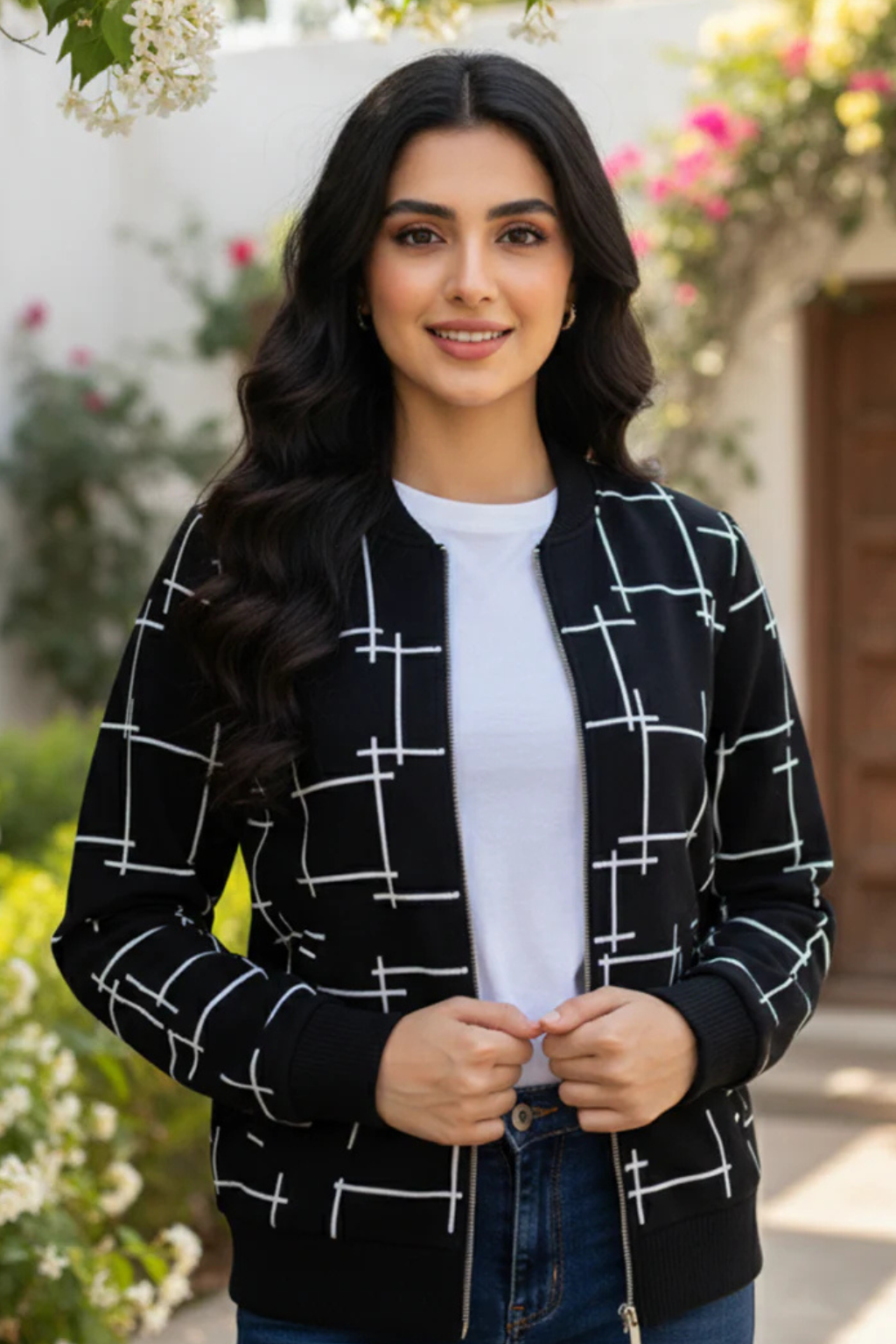 Black Printed Zipper Jacket For Women