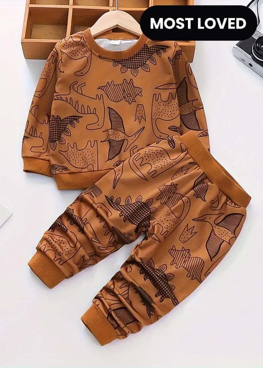 Brown Dinosaur Printed Kids Winter Suit (Each)
