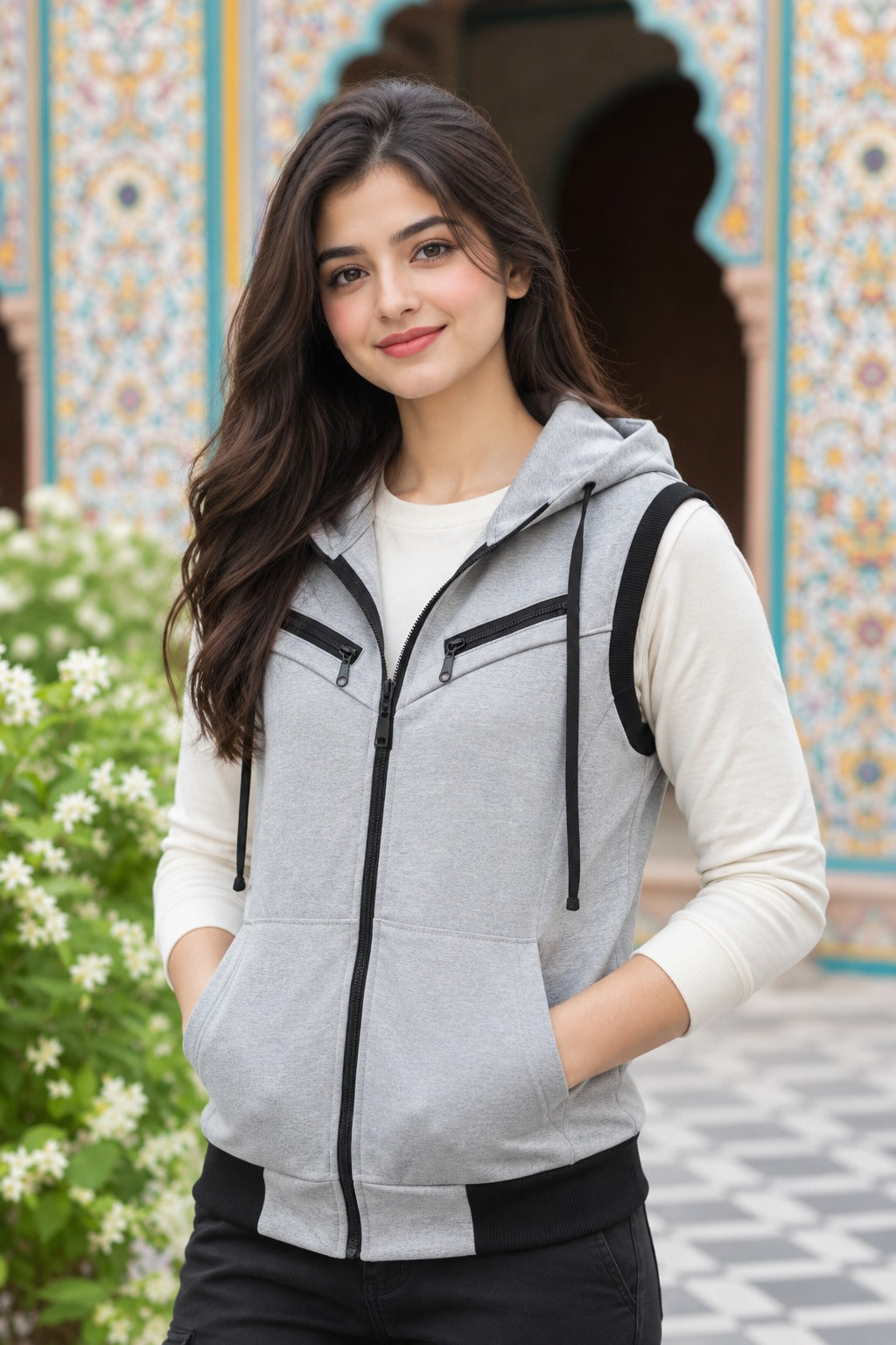 Gray Sleeveless Hooded Zipper For Women (Copy)