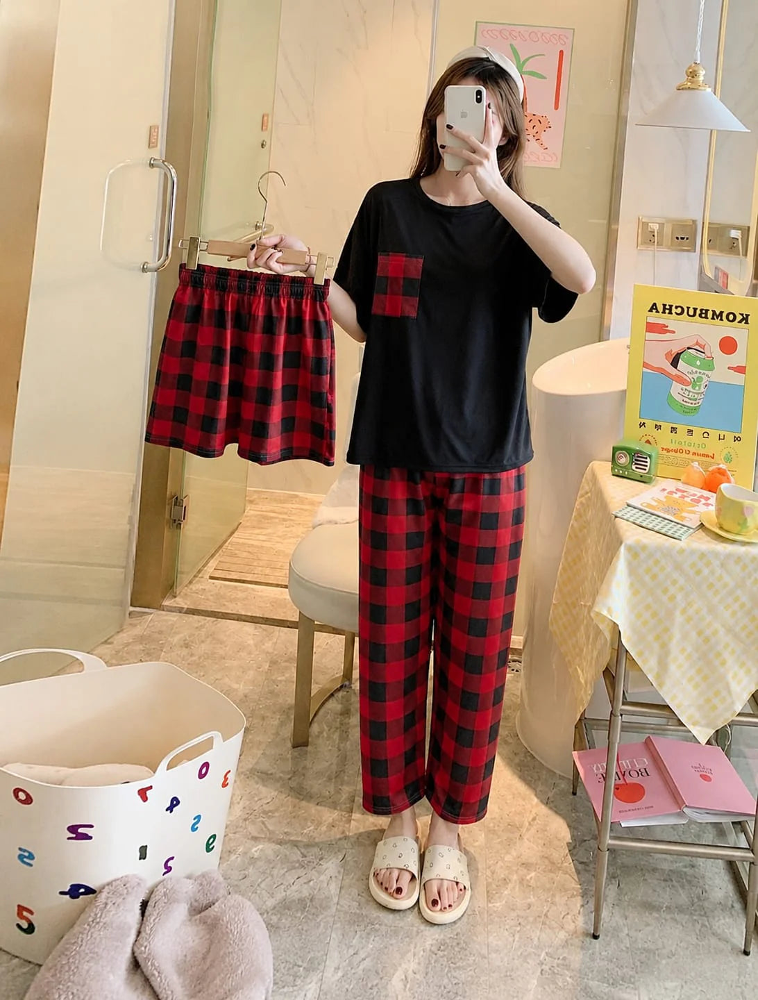 3 Piece Red check pocket Nightwear